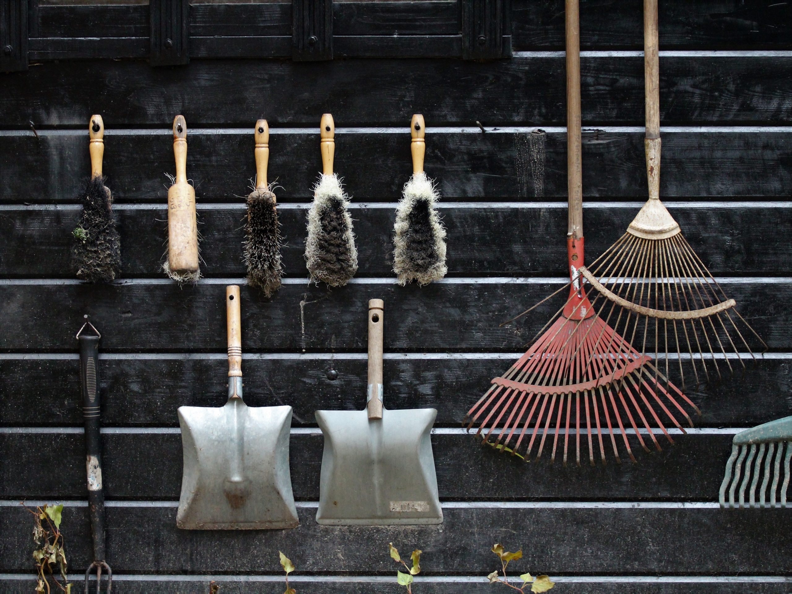 Outils jardin suspendus mur bois